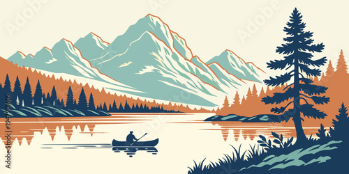 A serene lake scene with a boat and majestic mountains Vector