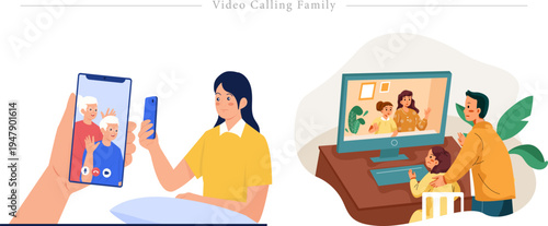 Video Calling Family Warm Flat Vector Intergenerational Digital Connection Illustration Set