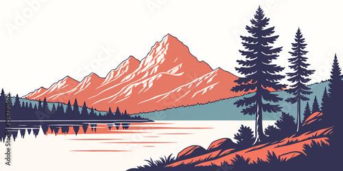 A serene mountain landscape with trees and a lake Vector