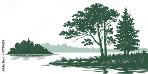 A serene landscape with trees on a lake shore Vector