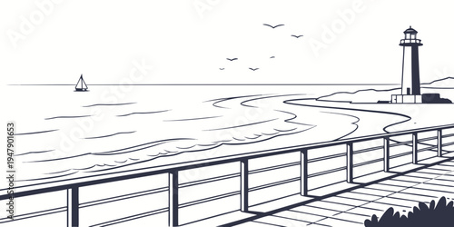 A black and white drawing of a lighthouse on a pier Vector