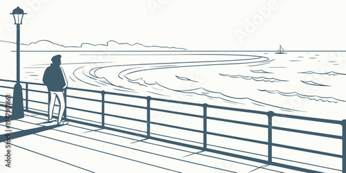 A person standing on a pier looking out at the water Vector