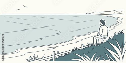 Man sitting on a grassy hill by the sea Vector
