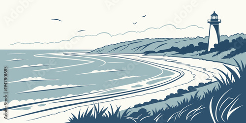A serene coastal landscape with a lighthouse on a rocky shore Vector