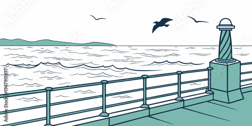 A small lighthouse on a pier with a railing Vector