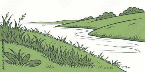 A serene landscape with a river running through green hills Vector