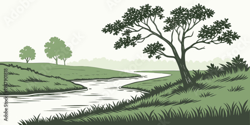 A tree on a grassy hill by a river Vector