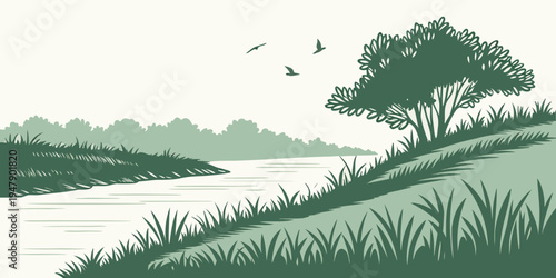 A serene landscape with a tree and grassy hill by a body of water Vector