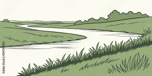 A river running through a lush green landscape Vector
