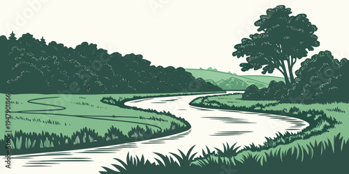 A serene landscape with a winding river and lush greenery Vector