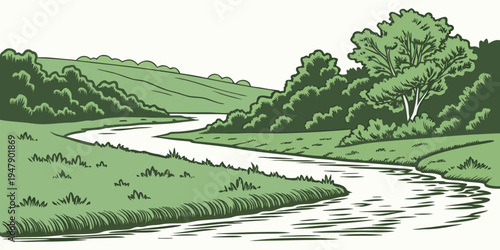 A winding river flowing through a green landscape Vector