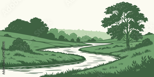 A serene landscape with a winding river and lush greenery Vector