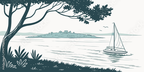 A sailboat floats on the water near a tree lined shore Vector