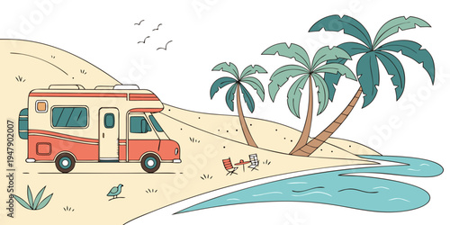A red and beige camper van parked on a sandy beach Vector