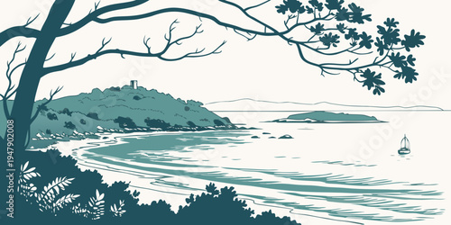 A serene landscape with a tree by the water Vector