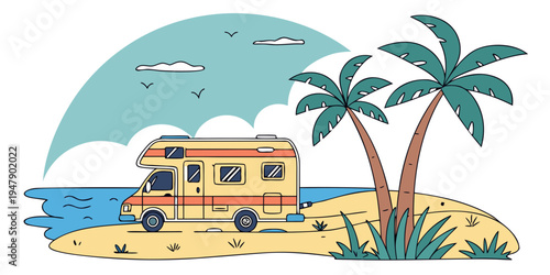 A yellow rv on a beach with palm trees Vector