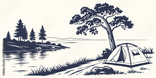 A tent pitched under a tree near a lake Vector