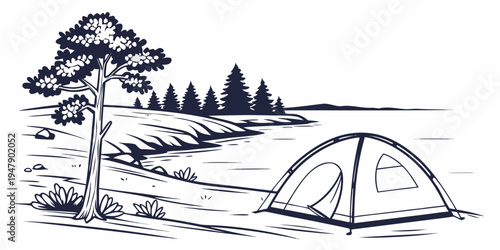 A tent and tree in a camping scene Vector