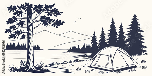 A tent pitched next to a tree in a forest Vector