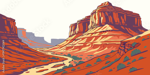 A red rock mountain range with a sandy trail Vector