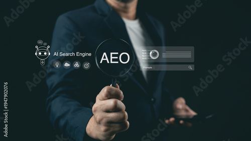 Businessman holding magnifying glass with AEO text and AI search engine futuristic digital overlay for digital marketing strategy on dark background