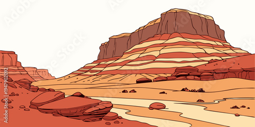 A desert landscape with a large rock formation Vector