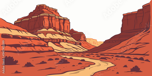 A desert landscape with a winding road and rocky formations Vector