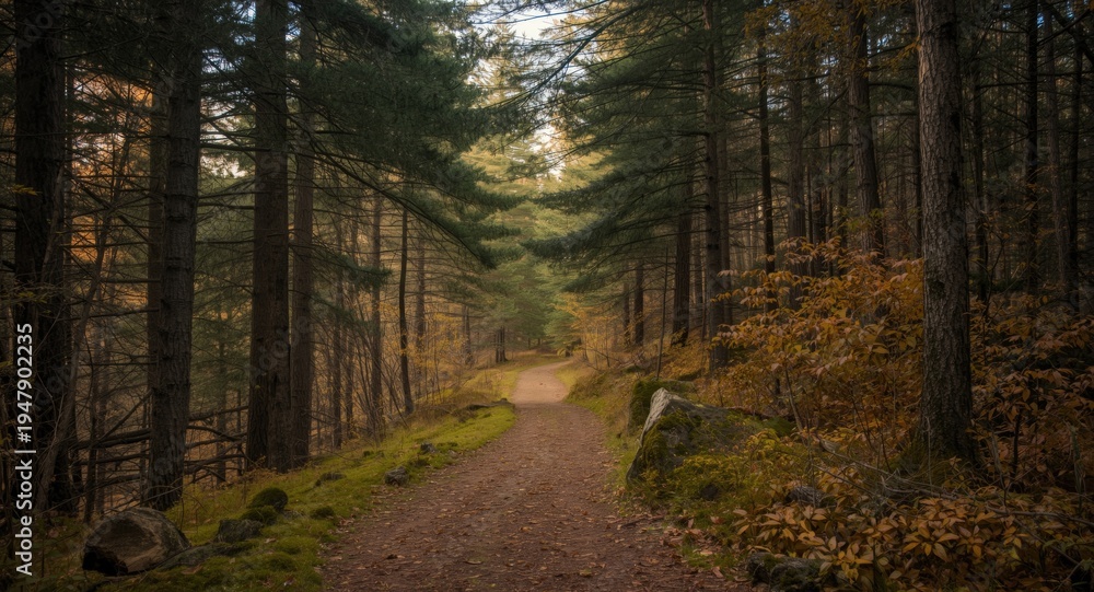 Fototapeta premium Autumn forest trail weaving among tall evergreen trees and mossy undergrowth in soft golden light