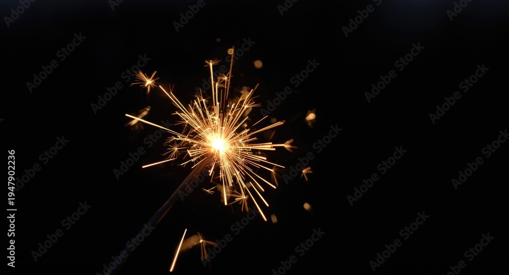 Fototapeta premium Intense close up of a glowing sparkler producing bright sparks in low light for festive occasions