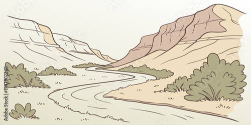 A desert landscape with a river and mountains Vector