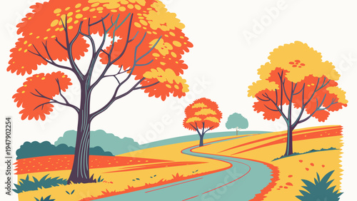A colorful illustration of trees on a hillside with a winding road Vector