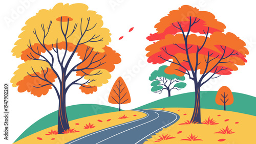 A road with trees on both sides during autumn Vector