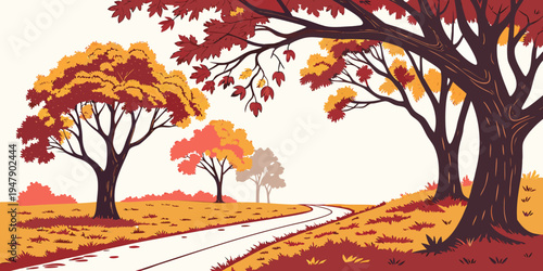 A serene autumn landscape with trees and a winding road Vector