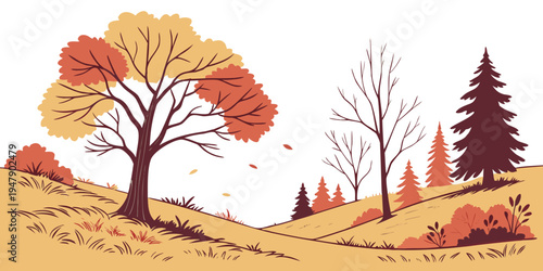 A colorful autumn landscape with trees on a hill Vector