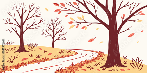A pathway through a scenic autumn landscape with trees Vector