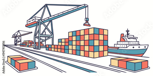 A cargo ship and containers on a train track Vector