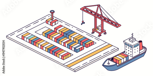 Cargo ship and containers on a dock with a crane Vector