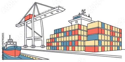 A cargo ship and crane loading colorful shipping containers Vector