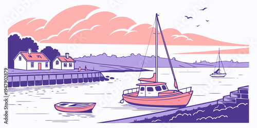 A pink sailboat in a harbor with buildings Vector