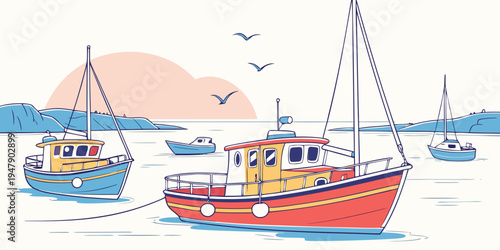 A red and yellow sailboat floating on the water Vector