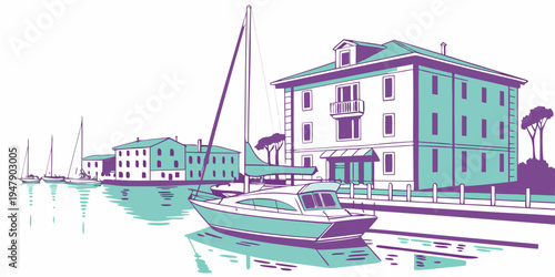 A sailboat floats in front of a large building by the water Vector