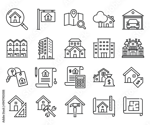 Comprehensive set of real estate icons featuring home search, various residence types, mortgage calculators, property keys, and renovation tools. Vector line art for property and housing markets
