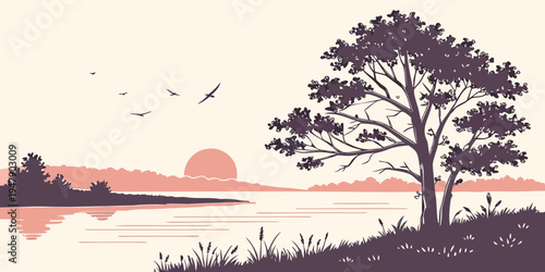 A tree stands alone on a hill by a serene lake at sunset Vector