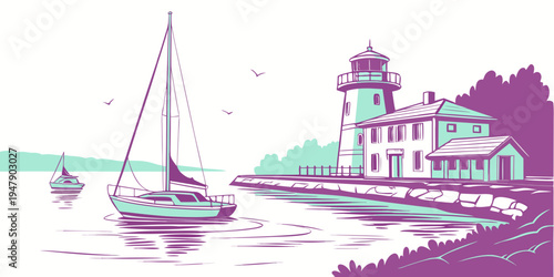 A purple and green illustration of a lighthouse by the sea Vector