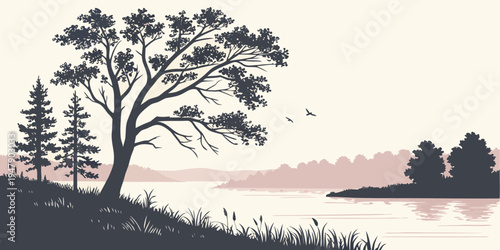 A serene landscape with a tree by a lake at sunset Vector