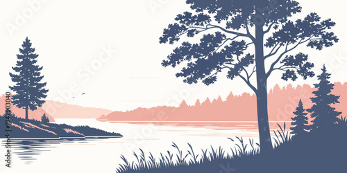 A serene lake scene with trees at sunset Vector