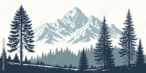 A serene mountain landscape with pine trees Vector