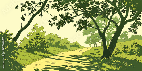A dirt road lined with trees and green grass Vector