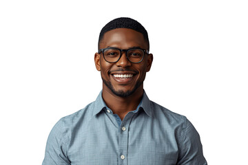 African american man smiling, wearing eyeglasses, showing confidence, happiness, and a friendly expression on transparent background