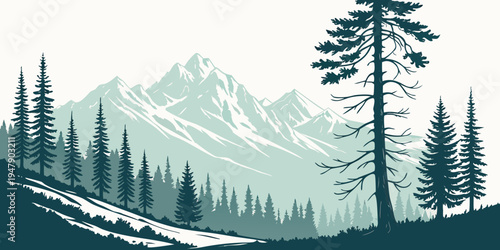 A serene mountain landscape with trees and snow Vector